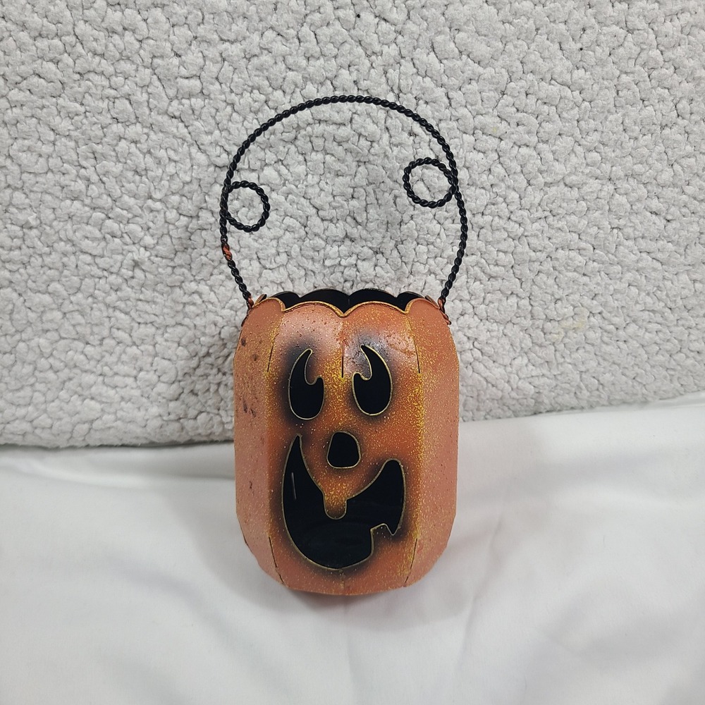 Rustic Metal Jack O Lantern Pumpkin Candle Holder Halloween Decor Orange Glitter